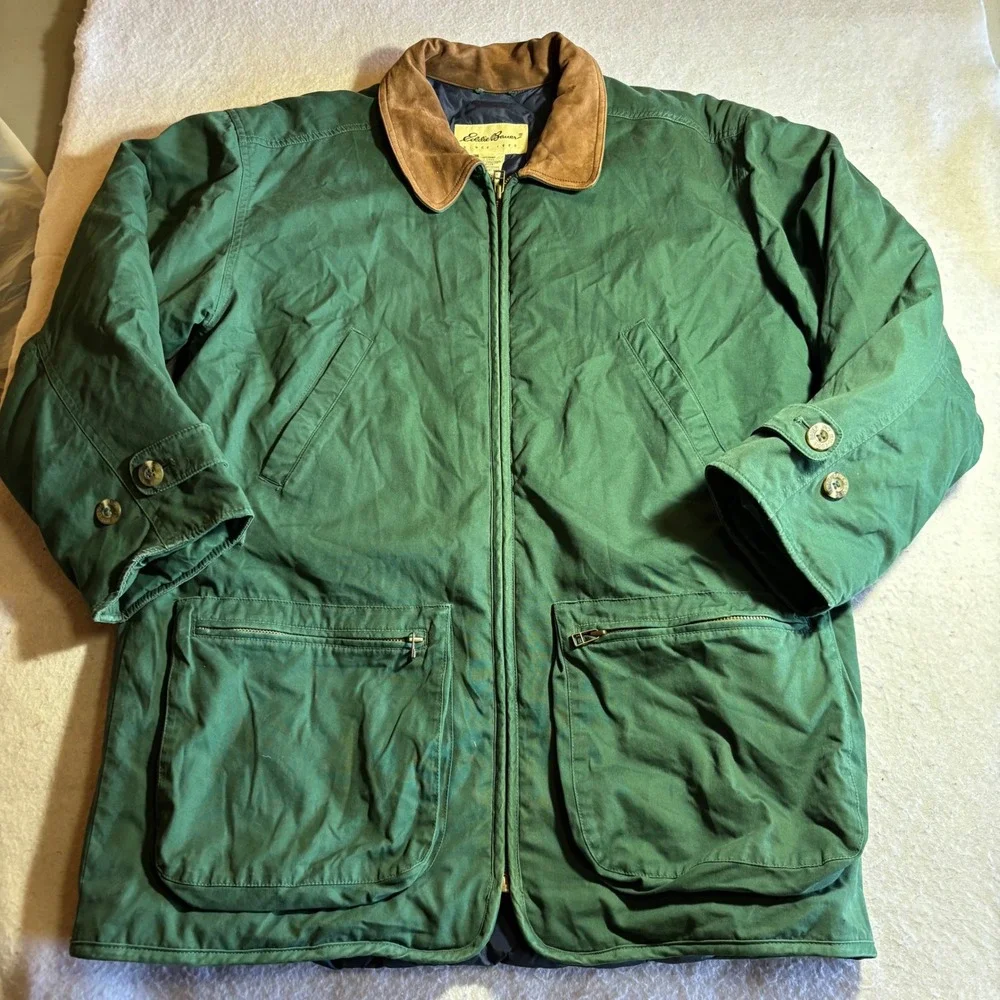 Vintage Eddie Bauer Mens Goose Down Field Coat Barn Jacket Green Suede‎ Collar S
